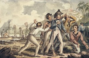 Capitão Burney descobrindo seus companheiros de navio assassinados ", das viagens do capitão Cook de Isaac Robert Cruikshank