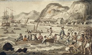 Captain Cook Landing in Owyhee, ilustração de "The Voyages of Captain Cook" de Isaac Robert Cruikshank