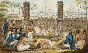 Capitão Cook na Ilha de Otaheite &39;, das Viagens do Capitão Cook (aquarela) de Isaac Robert Cruikshank