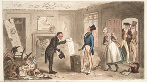 College Comforts, um calouro tomando posse de seus quartos, do The English Spy, pub. 1824 (gravura colorida à mão) de Isaac Robert Cruikshank