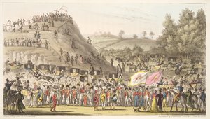 Eton Montem, e o Monte, Salt Hill, do The English Spy, pub. 1824 (gravura colorida à mão) de Isaac Robert Cruikshank