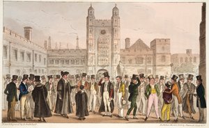 First Absence, ou Etonians Answering Morning Master Roll, do The English Spy publicado em 1824 (gravura colorida à mão) de Isaac Robert Cruikshank
