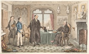 Primeiro Arco a Alma Mater, ou Bernard Blackmantles introdução à Grande Peruca, de The English Spy, publicado em Londres, 1824 (gravura colorida à mão) de Isaac Robert Cruikshank
