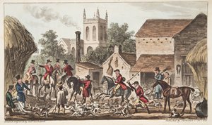 Saindo; Uma visão de Berkeley Hunt Kennel, do The English Spy publicado em 1824, (gravura colorida à mão) de Isaac Robert Cruikshank