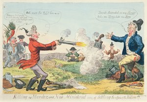 Killing no Murder, ou uma nova maneira ministerial de resolver os assuntos da Nação !, 1809 (gravura a cores) de Isaac Robert Cruikshank