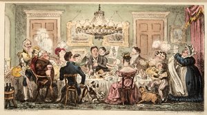 Liston e os Lambkins ou o Citizens Dinner Party, do The English Spy, pub. 1824 (gravura colorida à mão) de Isaac Robert Cruikshank