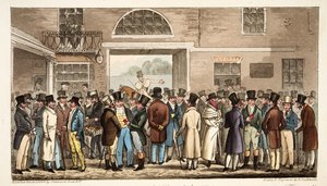 Segunda-feira após o Great St Leger, ou Heroes of the Turf Pagando e Receving no Tattersalls, do The English Spy, pub. 1824 (gravura colorida à mão) de Isaac Robert Cruikshank