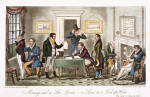 Manhã e em espíritos baixos - uma cena em uma casa de trava, de &39;The English Spy&39;, por Charles Molloy Westmacott (1788-1868) publicou Londres, 1825 de Isaac Robert Cruikshank