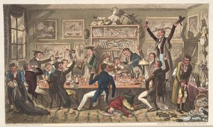 Oxford Transports, ou University Exiles, do The English Spy, publicou Londres, 1824 (gravura colorida à mão) de Isaac Robert Cruikshank