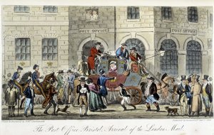 Correio em Londres: The Post Office Bristol, Arrival of the London Mail - in "The English Spy" de Charles Molloy Westmacott, desenho de Robert Cruikshank, edição Londres de Isaac Robert Cruikshank