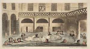 Banhos públicos em Bath ou Strewing Alive, do The English Spy, pub. 1824 (gravura colorida à mão) de Isaac Robert Cruikshank