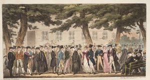 Show de domingo, uma vista na Broad Walk, Christ Church Meadows, Oxford, do The English Spy, pub. 1824 (gravura colorida à mão) de Isaac Robert Cruikshank