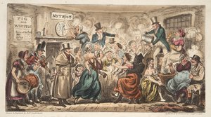O Buff Club no Pig and Whistle, Avon Street, Bath, do The English Spy, pub. Londres, 1824 (gravura colorida à mão) de Isaac Robert Cruikshank