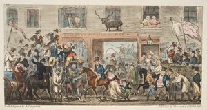 A procissão cômica do espião inglês, bar. 1824 (gravura colorida à mão) Gloucester a Berkeley, de The English Spy, pub. 1824 (gravura colorida à mão) de Isaac Robert Cruikshank