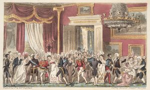 A noite na sala circular; ou um Squeeze no Carlton Palace, do The English Spy, pub. 1824 (gravura colorida à mão) de Isaac Robert Cruikshank
