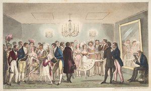 A Sala Verde do Kings Theatre, ou Amadores Nobres vendo Curiosidades Estrangeiras, do The English Spy, pub. 1824 (gravura colorida à mão) de Isaac Robert Cruikshank