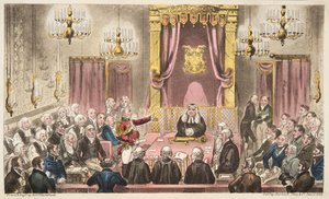 A Casa dos Lordes em Alto Debate, do The English Spy, pub. 1824 (gravura colorida à mão) de Isaac Robert Cruikshank