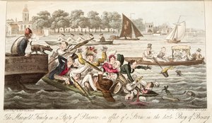 A Família Marigold em uma festa de prazer, ou efeito de uma tempestade no pequeno Golfo da Biscaia, de The English Spy, pub. 1824 (gravura colorida à mão) de Isaac Robert Cruikshank