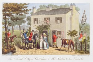 O Oakland Cottages, Cheltenham, ou Fox Hunters e seus Favoritos, de "The English Spy", de Charles Westmacott, publicado em 1825 de Isaac Robert Cruikshank