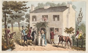 O Oakland Cottages, Cheltenham, ou Fox Hunters e seus Favoritos, do The English Spy, pub. 1824 (gravura colorida à mão) de Isaac Robert Cruikshank