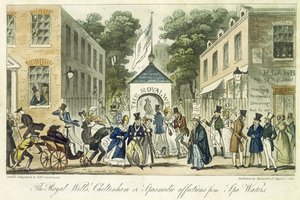 Os poços reais, Cheltenham ou afeições espasmódicas para águas termais, 1825 de Isaac Robert Cruikshank