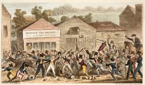 O Tea Pot Row em Harrow, ou a Batalha de Hog Lane, do The English Spy, pub. 1824 (gravura colorida à mão) de Isaac Robert Cruikshank