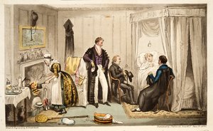 Tom Echo deitou com a febre de Headington ou um Oxonian muito perto da parede, do The English Spy, publicado em Londres, 1824 (gravura colorida à mão) de Isaac Robert Cruikshank