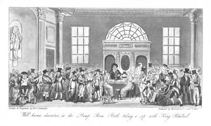 Personagens conhecidos na Pump Room, Bath, tomando um gole com o rei Bladud, 1825 de Isaac Robert Cruikshank
