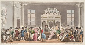 Bem conhecidos visitantes do Pump Room, Bath, tomando um gole com King Bladud, do The English Spy, pub. 1824 (gravura colorida à mão) de Isaac Robert Cruikshank