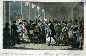 Fora da Casa da Ópera à noite: Gallantry of Tom and Jerry, de "Life in London", de Pierce Egan.