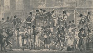 Adega de cavalo branco exterior, Piccadilly, 1821, 1920. Artistas: Isaac Robert Cruikshank, George Cruikshank. de Isaac, Robert and George Cruikshank
