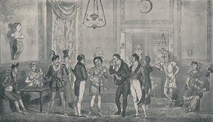 The Rooom Green no teatro Drury Lane, 1821, 1920. Artistas: Isaac Robert Cruikshank, George Cruikshank. de Isaac, Robert and George Cruikshank
