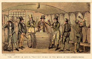 Tom, Jerry e Logic, degustando vinho na madeira, nas Docas de Londres de Isaac, Robert and George Cruikshank