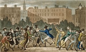 Tom, Jerry e Lógica Envolvidos em uma Briga Noturna, de &39;Life in London&39; de Pierce Egan (1772-1849), 1821-22 (aquatinta colorida)