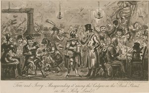 Tom e Jerry mascarando-o entre os cadgers nas "favelas de fundo" na Terra Santa de Isaac, Robert and George Cruikshank