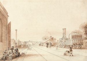 Vista no Liverpool e Manchester Railway com a Locomotiva "Twin Sisters" em um Lado