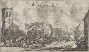 Tropas francesas marcham saqueando e atirando pelas ruínas da vila de Nigtevecht, 1672 Série de treze imagens das aldeias e castelos da província de Utrecht destruídas pelos franceses em 1672 (título da série) de Isaac Sorious