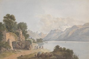 Paisagem montanhosa com lago, portão e figuras de Isaac Weld