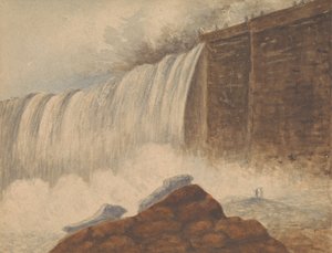 Vista das Cataratas do Niágara com duas figuras na rocha em primeiro plano direito de Isaac Weld