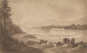 Vista das Cataratas do Niágara com as Cataratas ao Fundo, à Direita, e Paisagem com Casas em Primeiro Plano de Isaac Weld
