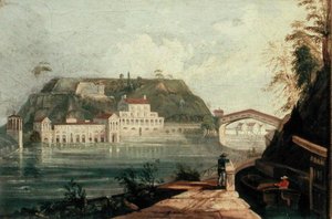 Fairmount Waterworks, após uma gravura de W. H. Bartlett de c.1835 (óleo sobre tela) de Isaac Williams