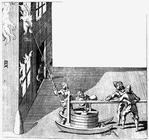 Carro de bombeiros, de Isaac de Caus Nouvelle Invenção de Lever lEau Plus Hault, 1664