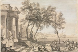 Cena fantástica do porto com arquitetura e figuras, 1713.