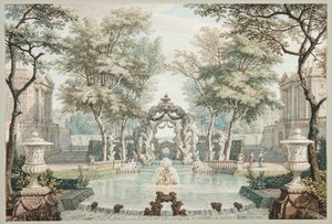 Jardim com edifícios clássicos e uma fonte