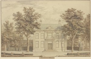 Jardim com sebe de teixos e uma casa entre duas árvores de Isaac de Moucheron
