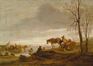 Uma paisagem de inverno com figuras num rio gelado de Isaac van Ostade