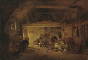 Alemão: Scheuneninterieur Interior de um celeiro com duas crianças a comer e um homem a trabalhar de Isaac van Ostade