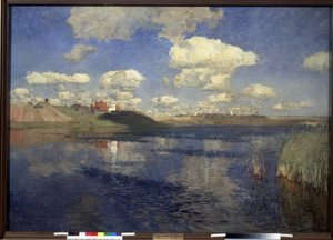 O lago. Vista da extensão do lago ladeado por juncos, nas margens, uma aldeia e campos cultivados. Pintura de Isaac (Isaak) Ilyich Levitan (1860-1900), óleo sobre tela de Isaak Ilyich Levitan