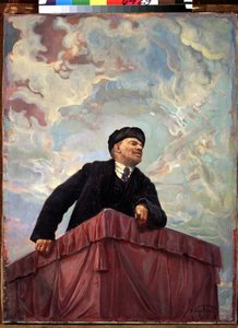 Retrato de Vladimir Lenine (Lenine) (1870-1924), político russo e revolucionário no pódio. 1927. Pintura de Isaak Izrailevich Brodsky (Brodski) (1884-1939). São Petersburgo, Museu Russo.