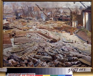 Vue generale de la station hydro electrique de Dniepr (Vista geral da Central Hidroeléctrica de Dniepr). Peinture de Isaak Izrailevich Brodsky (Brodski) (1884-1939). Huile sur toile de Isaak Israilevich Brodsky